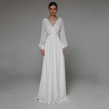 

Simple White Chiffon Wedding Gown A Line V Neck Thin Formal Civil Long Sleeve Bridal Dresses Small Train Stylish Robe De Mariage