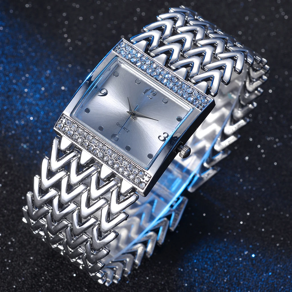 Women Square Rhinestone Watches Luxury Stainless Steel Waterproof Quartz Bracelet Wrist Watches Relogio Feminino