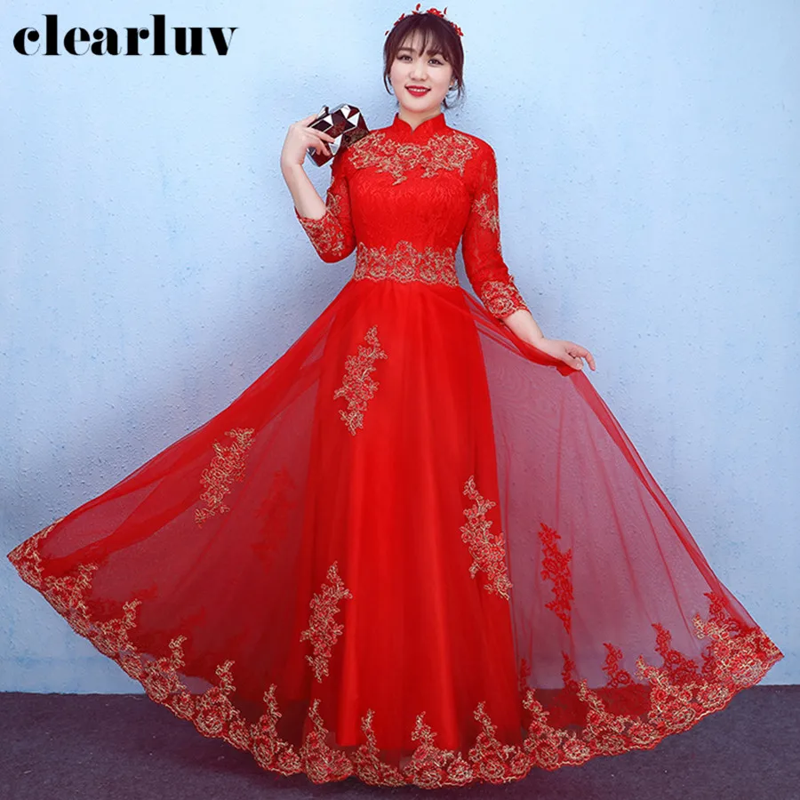 

High Collar Evening Dress Embroidery Robe De Soiree 2019 New Plus Size Women Party Dresses Three Quarter Sleeve Formal Gown T183