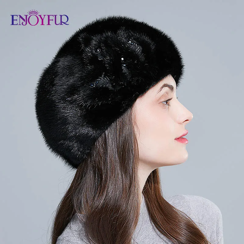 ENJOYFUR цельные норковые меховые береты шапки для женщин зимние теплые модные меховые однотонные кепки берет с цветком