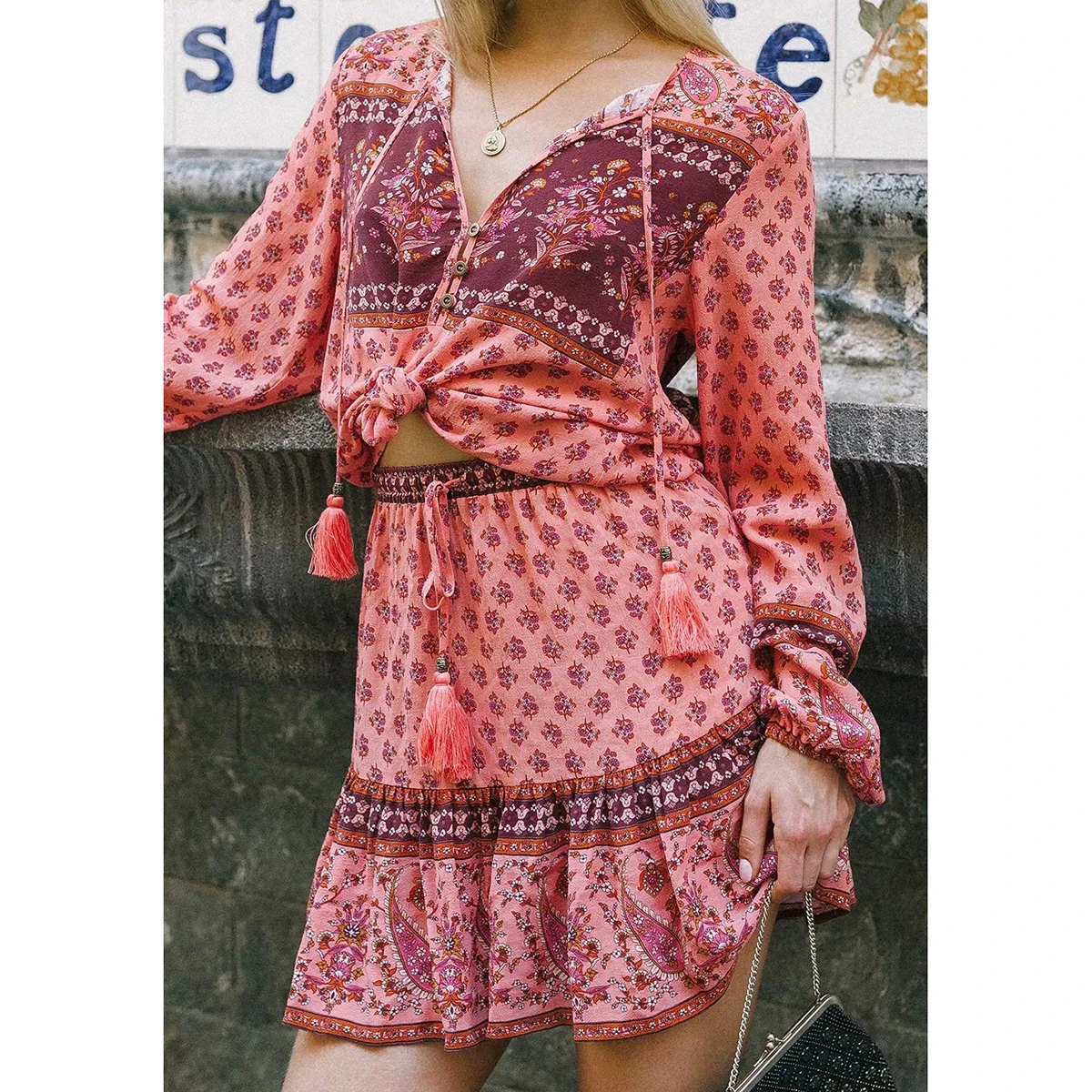 Loose Floral Printed Two Piece Set Vintage Long Sleeve Tops Tassel Mini Skirt Summer Fall Boho Beach Casual Womens Sets Dresses