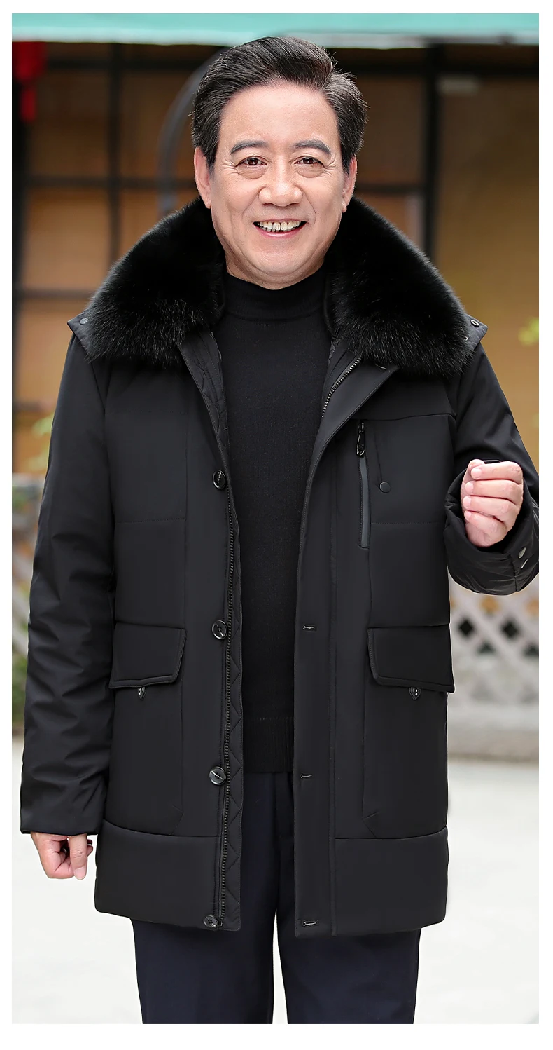 Новая зимняя куртка мужская теплая Модная куртка с воротником из лисьего меха длинное мужское плотное пальто