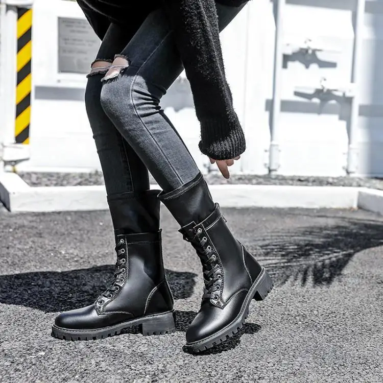 

Women Winter Warm Boots Napa Pattern Martin Boots Zip-Back Cow Split Leather Film Ugged Women Shoes Women Fur Boots Mid-Calf