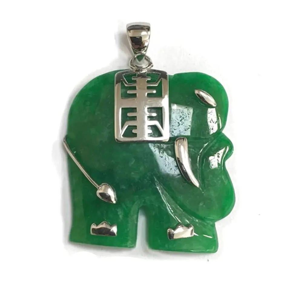

Sterling Silver Necklace Green Natural Jade ELEAPHNT Charm with Longevity MEANING-18 inches Cable Chain