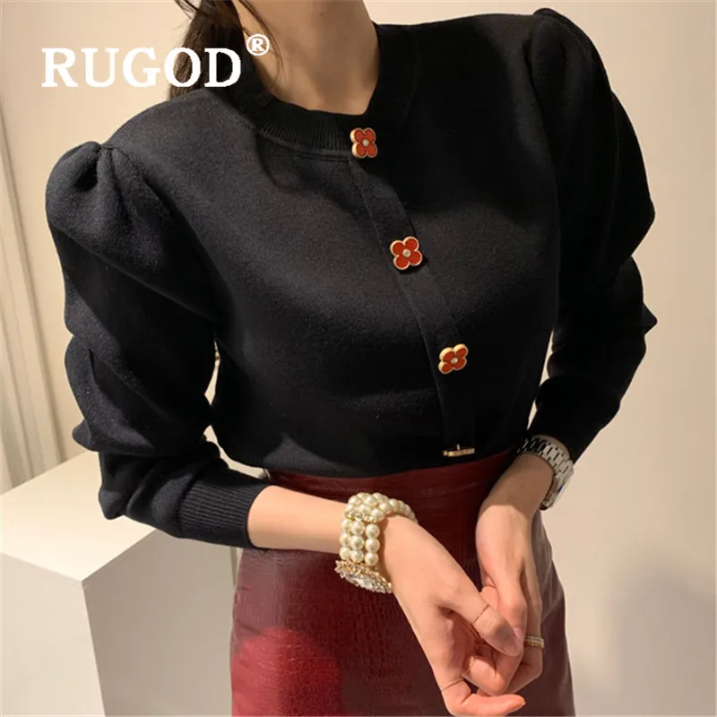 RUGOD, новое весеннее поступление, женский свитер, кардиган с круглым вырезом, с пышными рукавами, на пуговицах, Вязанное пальто, модное, винтажное, женское
