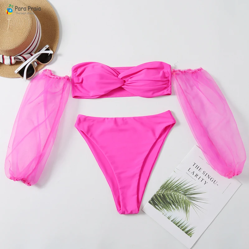 rose red Para Praia, сексуальное бикини с длинными пышными рукавами, танкини, сетчатый комплект бикини с пуш-ап, купальник бандо, с открытыми плечами, стринги, купальный костюм - Цвет: rose red