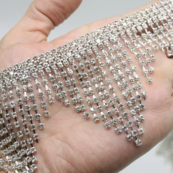 

Sparkle Rhinestone tassel crystal fringe trim Silver crystal Banding decorative metal chain Strass for Jacket Jeans necklace