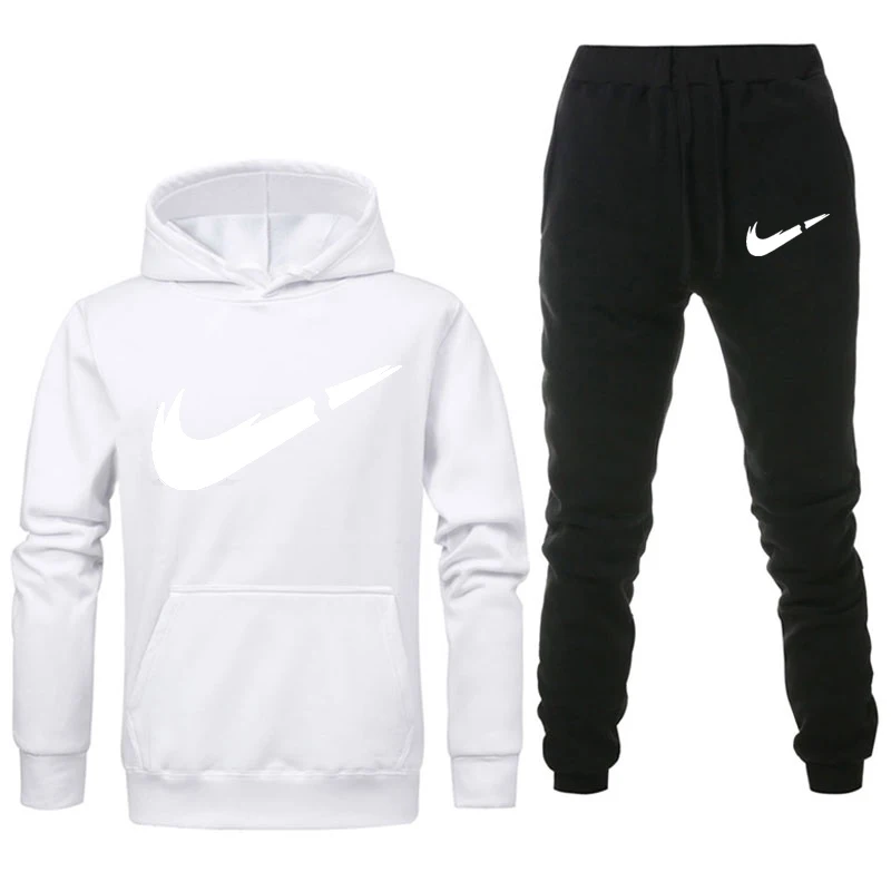 white black Комплект из двух предметов, модные толстовки с капюшоном, спортивная одежда для мужчин, спортивный костюм с капюшоном, осенняя брендовая одежда, толстовки+ штаны, мужские комплекты - Цвет: white black