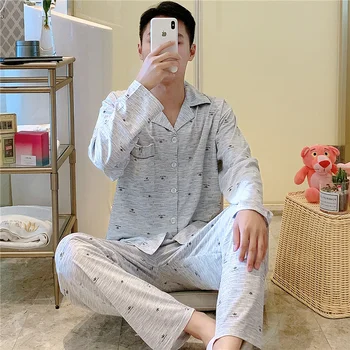 

XIZOU Men's Pajamas Set Autumn Leisure Elastic Waist Men Sleepwear Men's Long Sleeve Nightwear Print Top + Long Pant Homewear