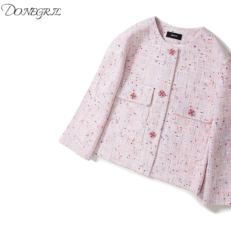 

Women Elegant Tweed Knitted Diamonds Buttons Dots Jackets Coats 2020 Spring Autumn Tweed Single Breasted Outerwear White