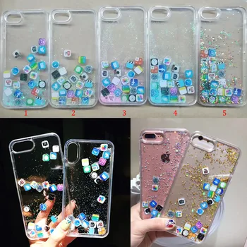 

50pcs/lot For iPhone XS Max XR Transparent Sparkling Desktop App Icon Quicksand Phone Case For iPhone 8 Plus 7 Plus 6S Plus