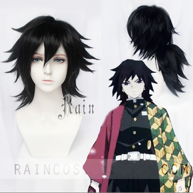 Аниме Demon Slayer Tomioka Giyuu косплей парик Kimetsu no Yaiba черный пушистый хвостик