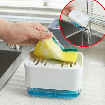 

2-in-1 Kitchen Bathroom Hand Liquid Soap Dispenser Pump Detergent Storage Box Rack Cleaning Sponge Drainboard Soap Clean Holders