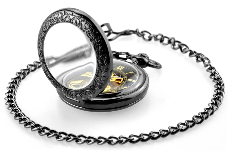 Retro Steampunk Pocket Watch Black Mechanical Pocket Watches Skeleton Vintage Pocket Fob Watch Chain Dropshipping