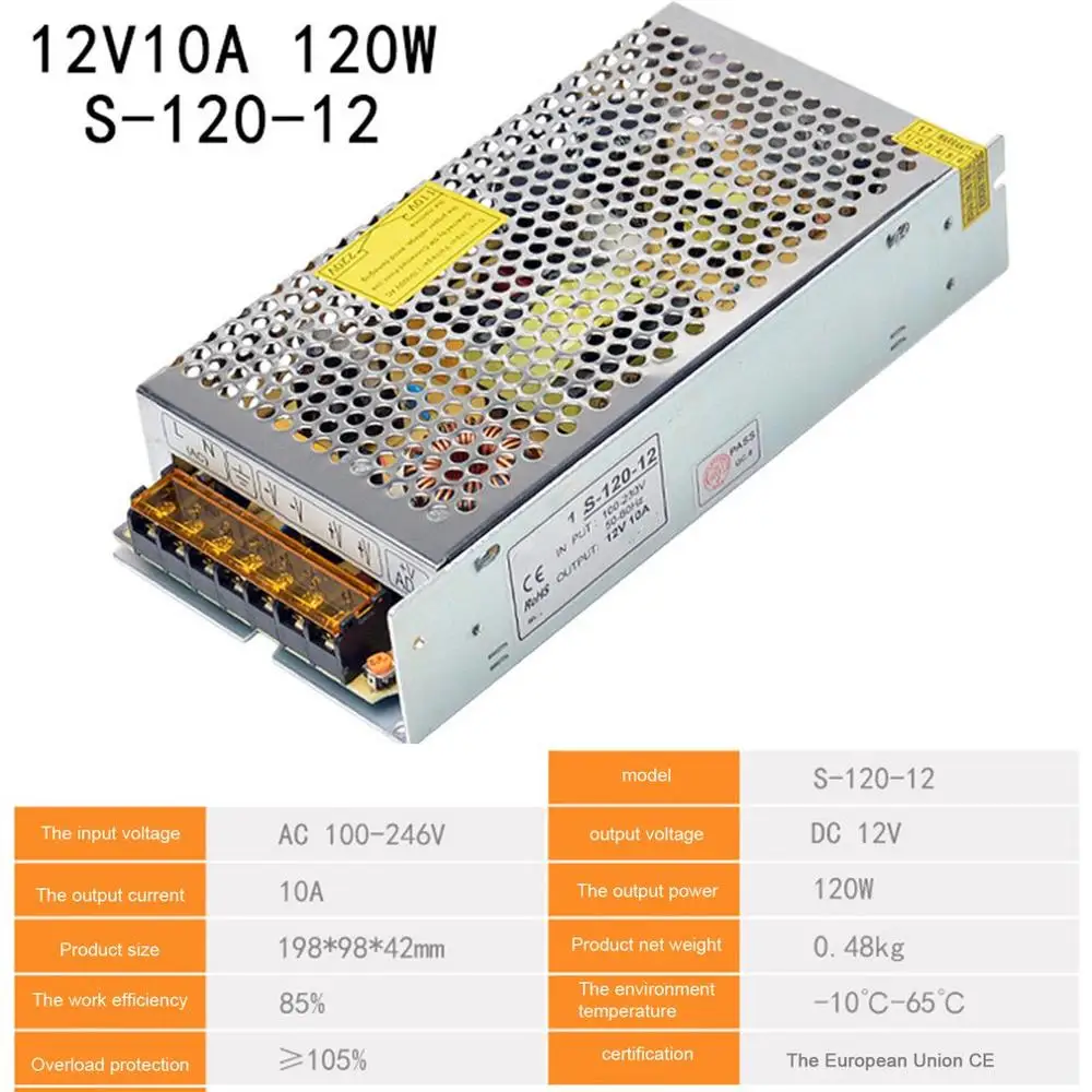 Switching Power Supply DC12V 6A 8.5A 10A 12.5A 15A 16.5A 20A 25A 30A 33A 40A 60A AC 220V to DC 12 Volts for 12V LED Strip - Color: DC 12V 10A 120WB