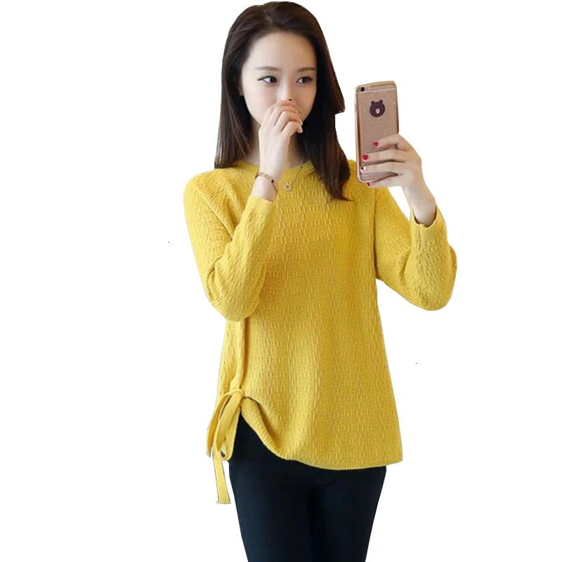 

Nieuwe Herfst Winter Vrouwen Trui vetersluiting decoratie Solid O-hals Mode Trui Dieptepunt Gebreide Truien Trui Vrouwelijke
