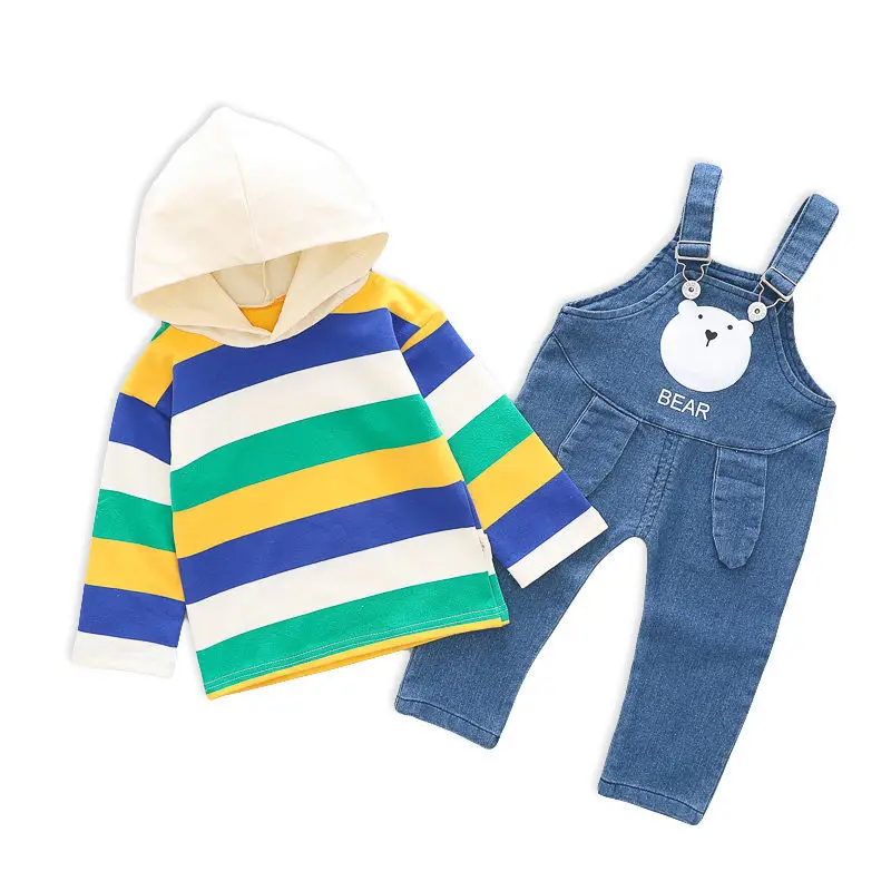 

Children Autumn Clothes Suit Baby Boy Girl Striped T Shirt Cartoon Bear Straps Pants Overalls Kids Toddler Casual Tracksuits