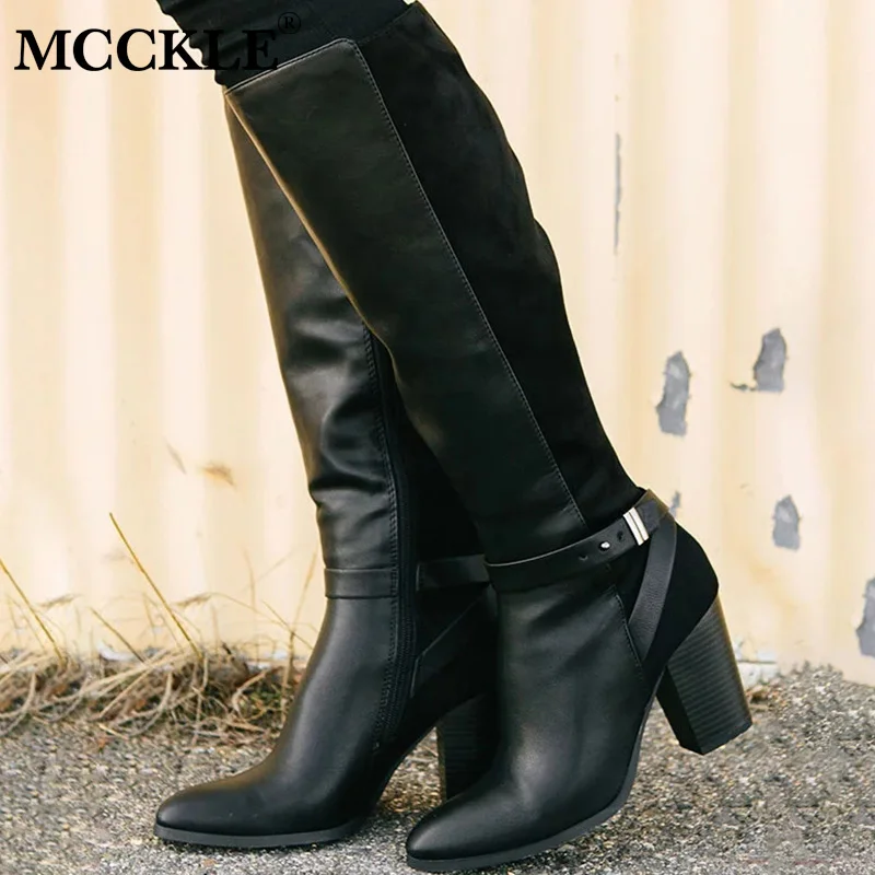 

MCCKLE Women Knee High Boots Ladies Zip Thick High Heels Woman Vintage Retro Women's Soft Leather Shoes Female Plus Size 35-43