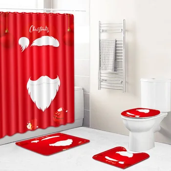 

4Pcs/Set Christmas Pattern Shower Curtain Mat Set Non Slip Rugs Carpet for Bathroom Toilet Bath