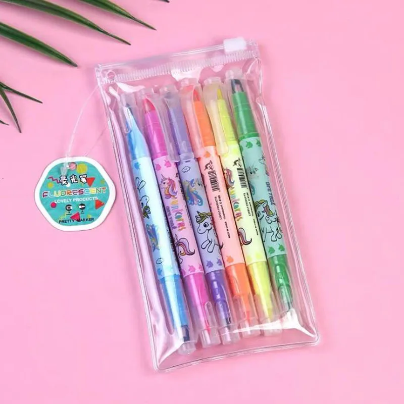 

6 Pcs/pack Kawaii Unicorn Flamingo 6 Colors Double Headed Fluorescent Art Marker Pen Highlighter Pens Colorful Gift Stationary