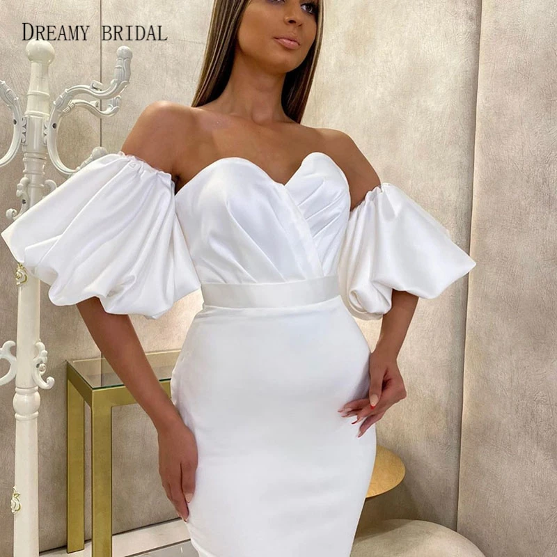 Bridal Pleated Puffy Sleeves Cocktail Dresses Tea Length Club Hot Wear 2k20 Fashionable Dress