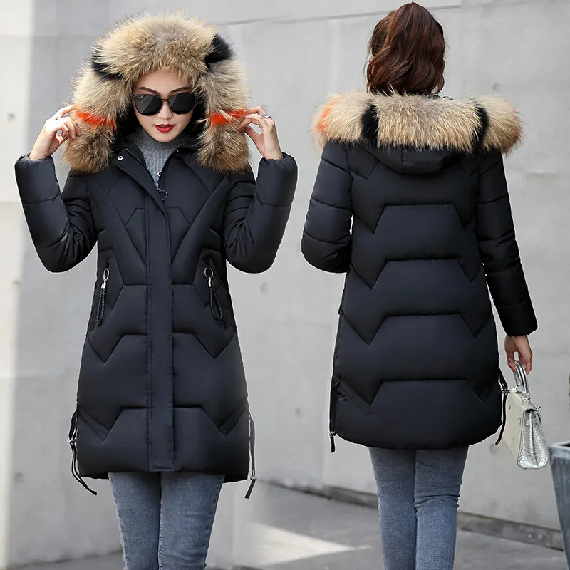 Женское пальто с капюшоном, зимние парки, новая женская куртка, верхняя одежда с меховым воротником, женское хлопковое Стеганое теплое плотное длинное пальто 253