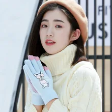 Вязаные перчатки женские зимние с сенсорным экраном теплые плюс бархатные толстые милые студенческие уличные мотоциклетные шерстяные Мультяшные перчатки для бега