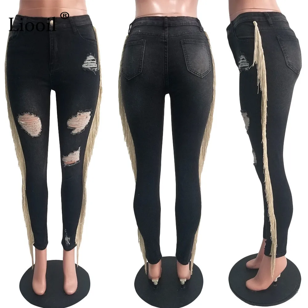 Liooil сексуальные обтягивающие джинсы женские с кисточками с дырками и высокой талией брюки-Карандаш Плюс Размер низ мыть состаренные джинсовые брюки