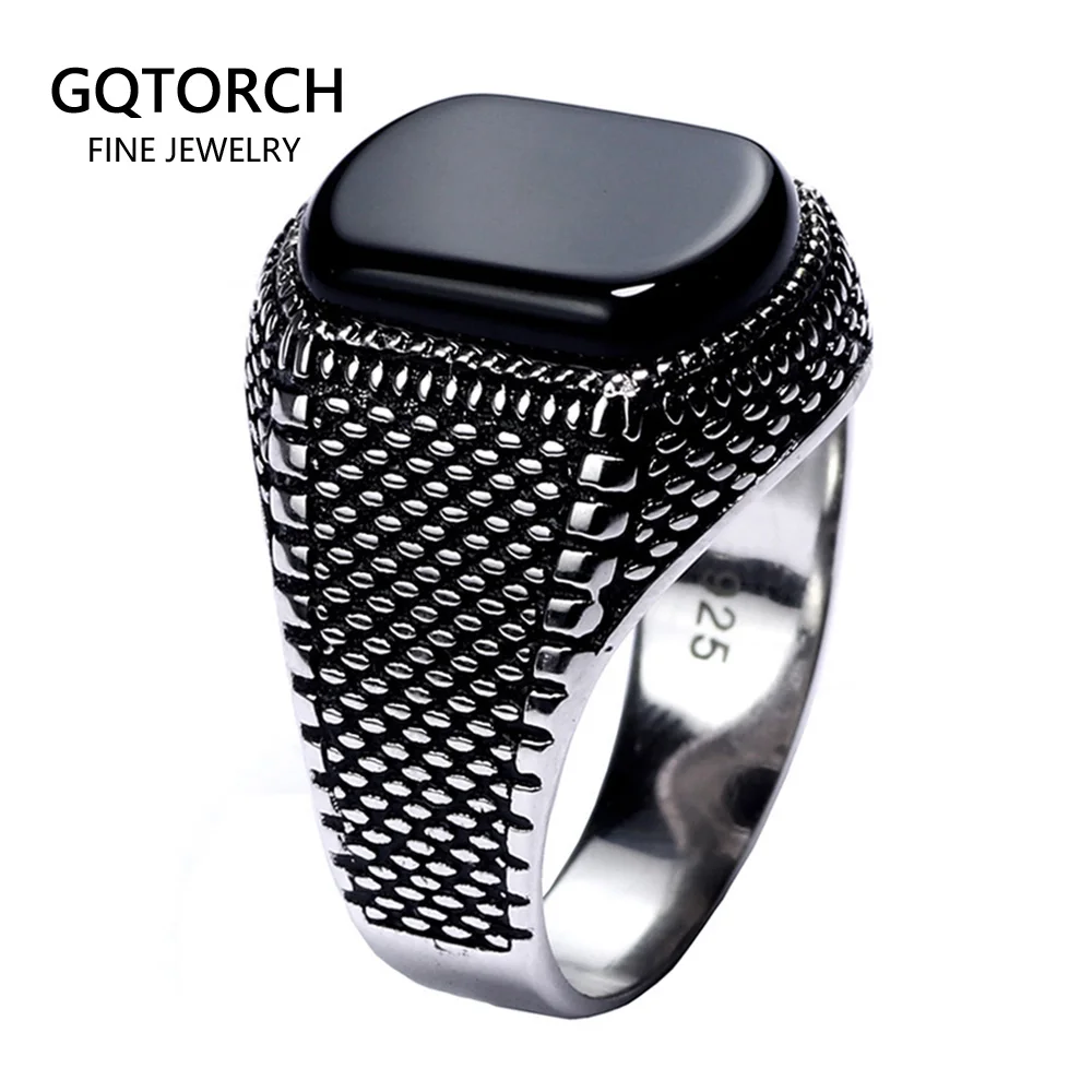 Black Ring Turkey Jewelry Agate-Stone Cool 925-Sterling-Silver Natural Fashion Real Vintage