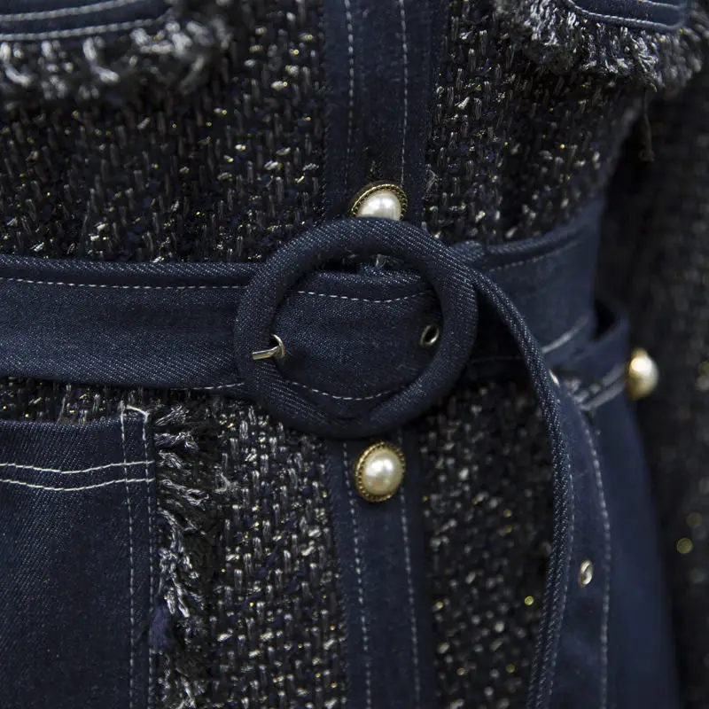 Beading Design Coat Women Autumn Fashion Denim Patchwork Lady New Multi Pocket Tassel Tweed Jacket Belted Runway Outwear f1534