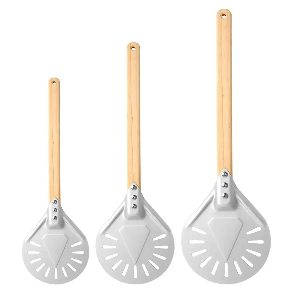 

Pizza Turning Small Pizza Peel Paddle Short Round Pizza Tool Non Slip Wooden Handle 7 8 9 Inch Perforated Pizza Shovel Aluminum