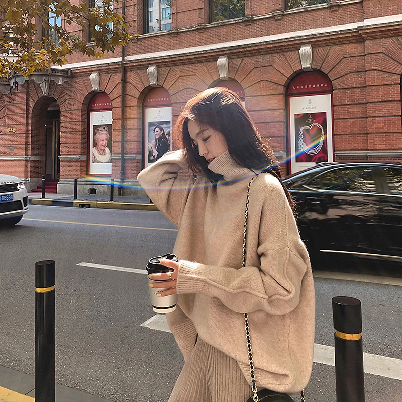 New Autumn Winter Women Loose Knitted Sweater Turtleneck Sweater Long Sleeves  Outwear Solid Pullover