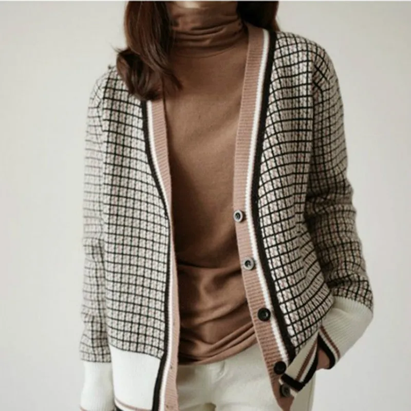 

Women Autumn Winter Thicken Sweater Coat Plaid V Neck Single Breasted Knitted Cardigans Plus Size Pull Femme Jersey Truien Dames