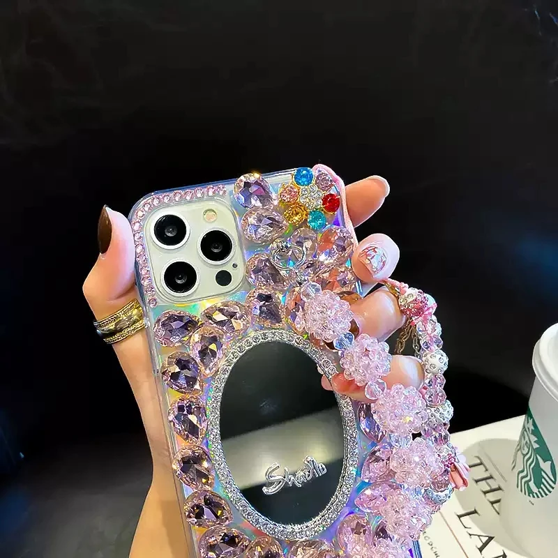 Bling Diamond Bead Chain Mirror Strap iPhone Case
