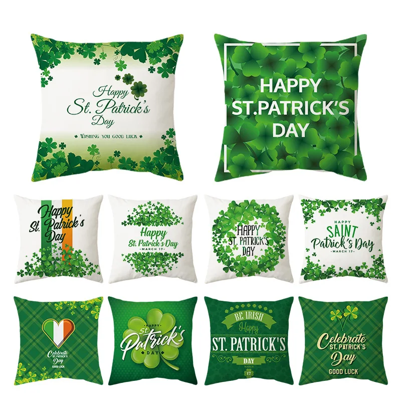 Green pillow case living room Decor sofa pillow case St. Patrick's Day Decorative Cushion Cover Clover Green hat print cushion