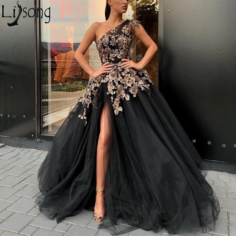 Black High Slit Ball Gown Prom Dresses 