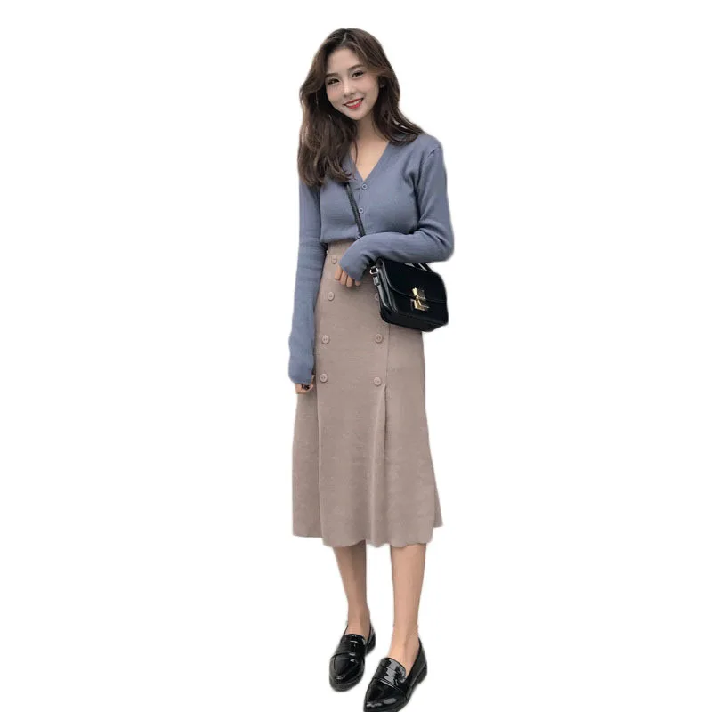 

2 piece set women 2019 New Autumn Knitting Two Piece Set Female Fashion Student Korean Sweater Cardigan Knit Skirt NS1448