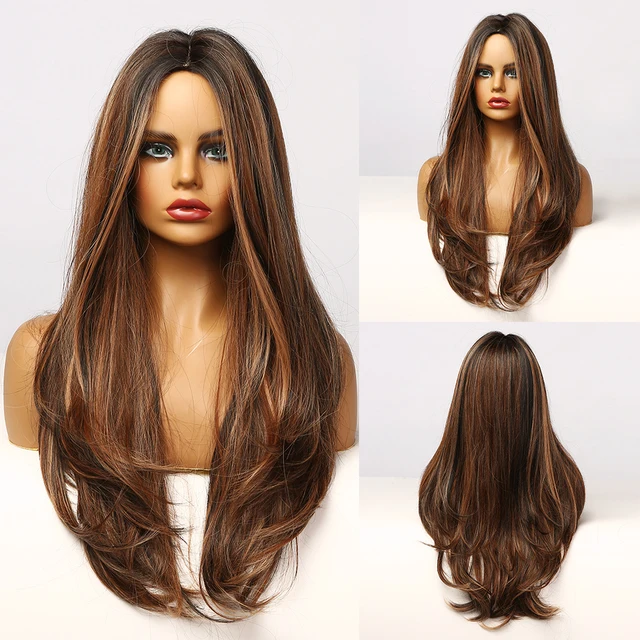 HENRY MARGU Long Black Brown Body Wave Synthetic Wigs Heat Resistant Natural Cosplay Wigs for Women Middle Part Hair Wigs LC277N-6