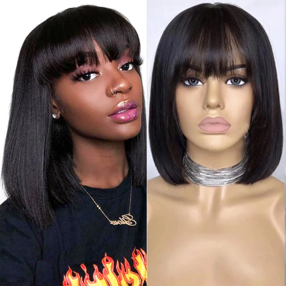 Bob-pelucas de cabello humano liso con flequillo hechas a máquina, pelucas de colores, Rubio, marrón, peruano, Bob corto, Remy