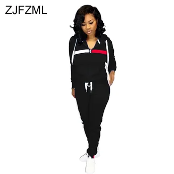 

Striped Sportswear 2 Piece Sets Winter Set Women Hooded Full Sleeve Zipper Up Jacket and Causal Long Pants Plus Size Track Suit
