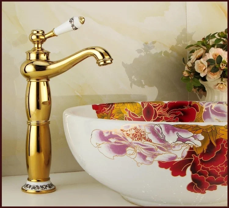 Basin Faucet Brass Gold Bathroom Sink Faucet Single Handle Ceramics Bath basin Deck Hot Cold Mixer Water Tap Crane