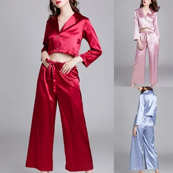 

Womens Silk Satin Pajamas Pyjamas Set Long Sleeve Sleepwear Pijama Pajamas Suit Female Sleep Two Piece Set Loungewear Plus Size
