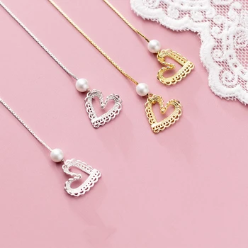 

925 Sterling Silver Love Heart Ear Threads Hanging Earing Gold Color Statement Long Dangle Drop Pearl Earrings for Women