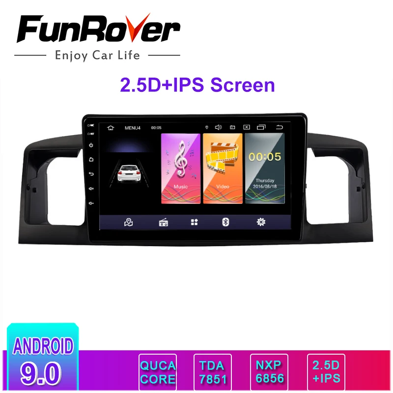 

FUNROVER 2.5D+IPS Android 9.0 car multimedia player dvd GPS auto Radio for toyota Corolla E120 e 120 BYD F3 WIFI stereo 2 din bt
