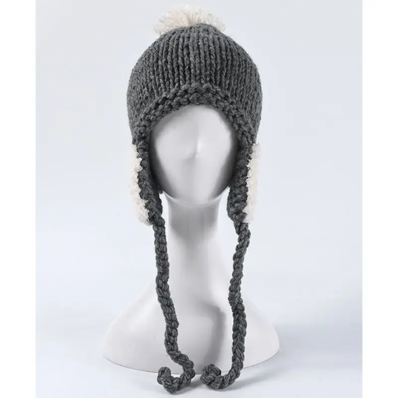 Женская Зимняя вязанная шапка-ушанка с милым сердечком, плюшевая теплая шапка с помпоном, одноцветная Шапка-бини для школьников