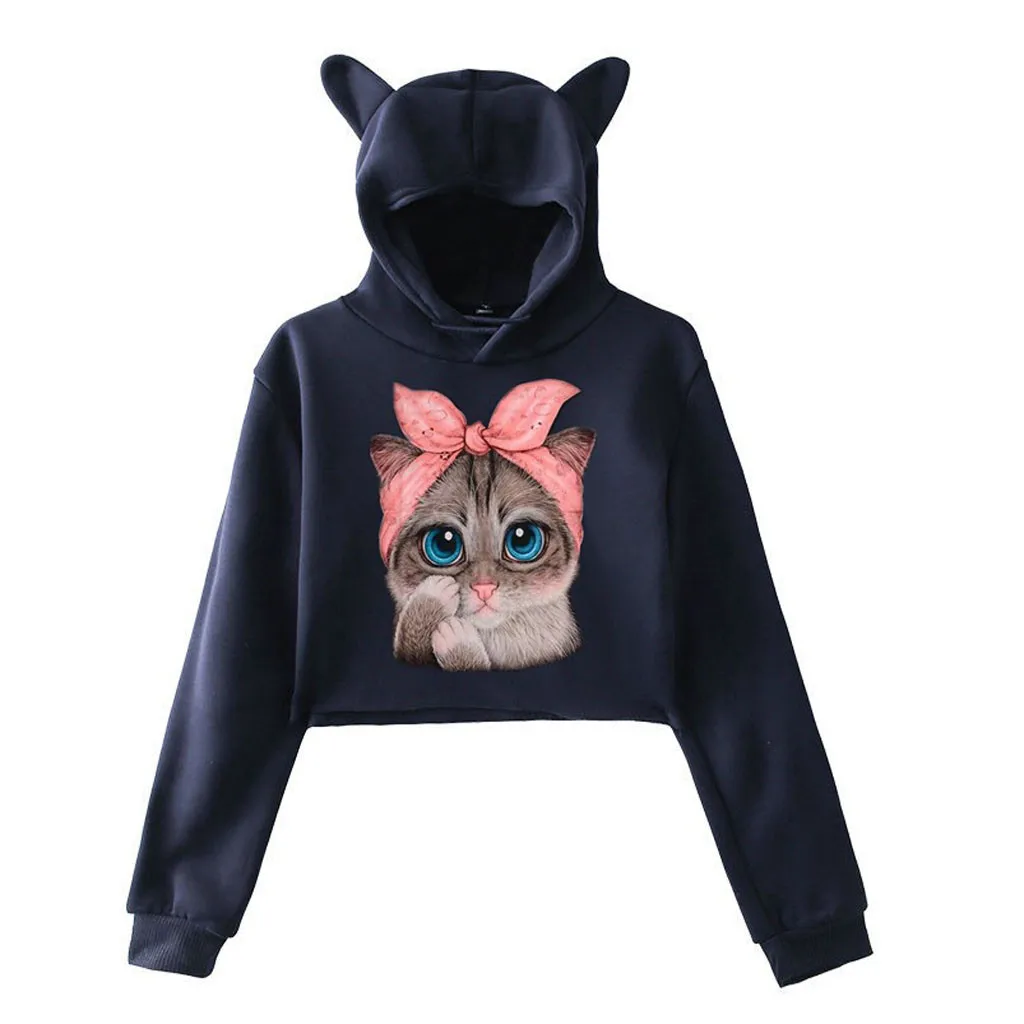 Осень-зима, женские укороченные толстовки, Kawaii, кошачьи ушки, свободные, Повседневная Уличная одежда, длинный рукав, теплый пуловер, свитшоты# B