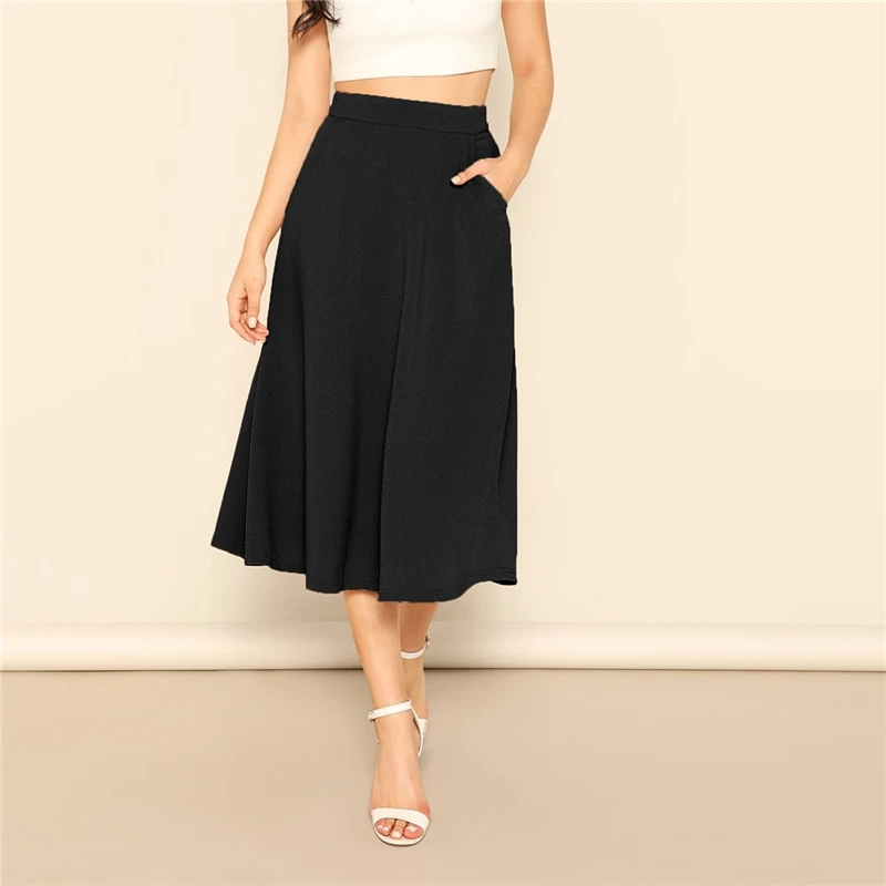 COLROVIE Solid Slant Pocket Swing Skirt Women High Waist Casual Long Skirt Autumn Fashion Elegant A Line Ladies Midi Skirts