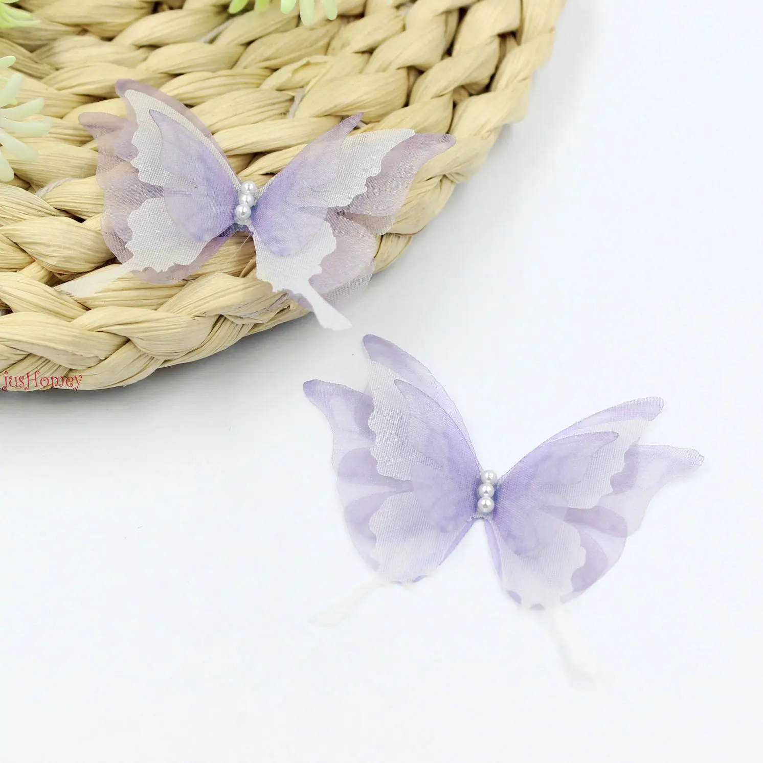 40PCS 4-layered Organza Swallowtail butterfly appliques 6.5CM Silk Butterflies w/ Pearl for Jewelry Making, Choker, Hair Clips