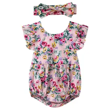 

Summer Infant Clothes Rompers Baby Overalls for Baby girls Jumpsuit Toddler Floral Romper +Headband 2pcs Costume Newborn Clothes