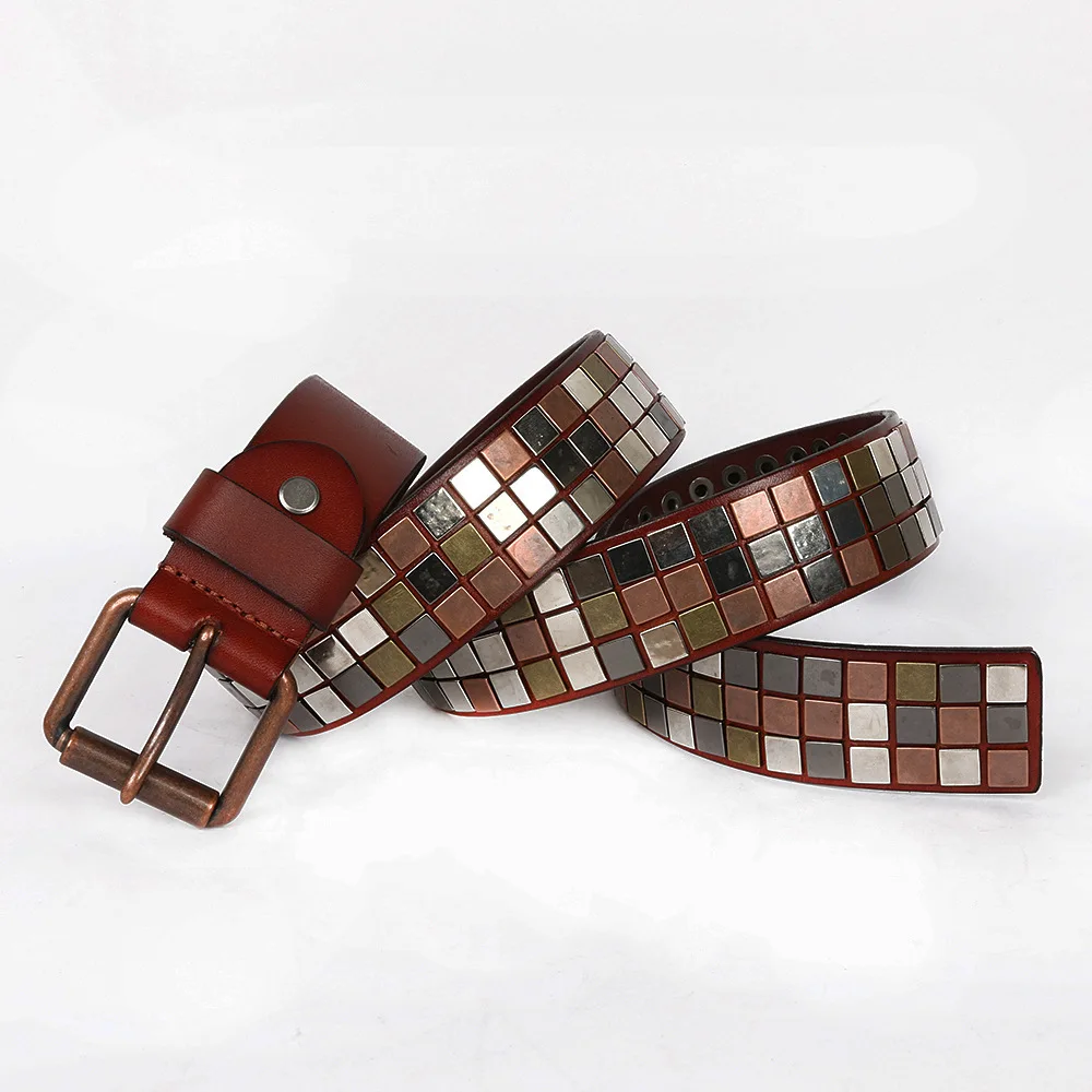 Deepeel, 1 шт., 3,8 см* 105-125 см, Harajuku, первый слой, Воловья кожа, заклепки, инкрустация, сплав, пряжка, кожаный ремень, дизайнерский ремень для мужчин YB356 - Цвет: Red-brown